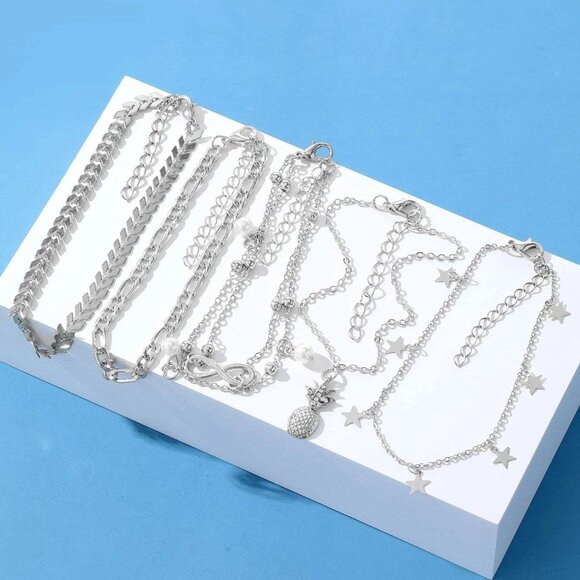 6 PC SET of Silver Summer Tropical Celestial Eternity Theme Chain Anklets - NEW - Picture 2 of 4